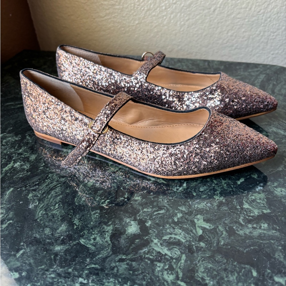 J Crew Glitter Pointed Mary Jane Strap Flats in Rose Gold Size 7
